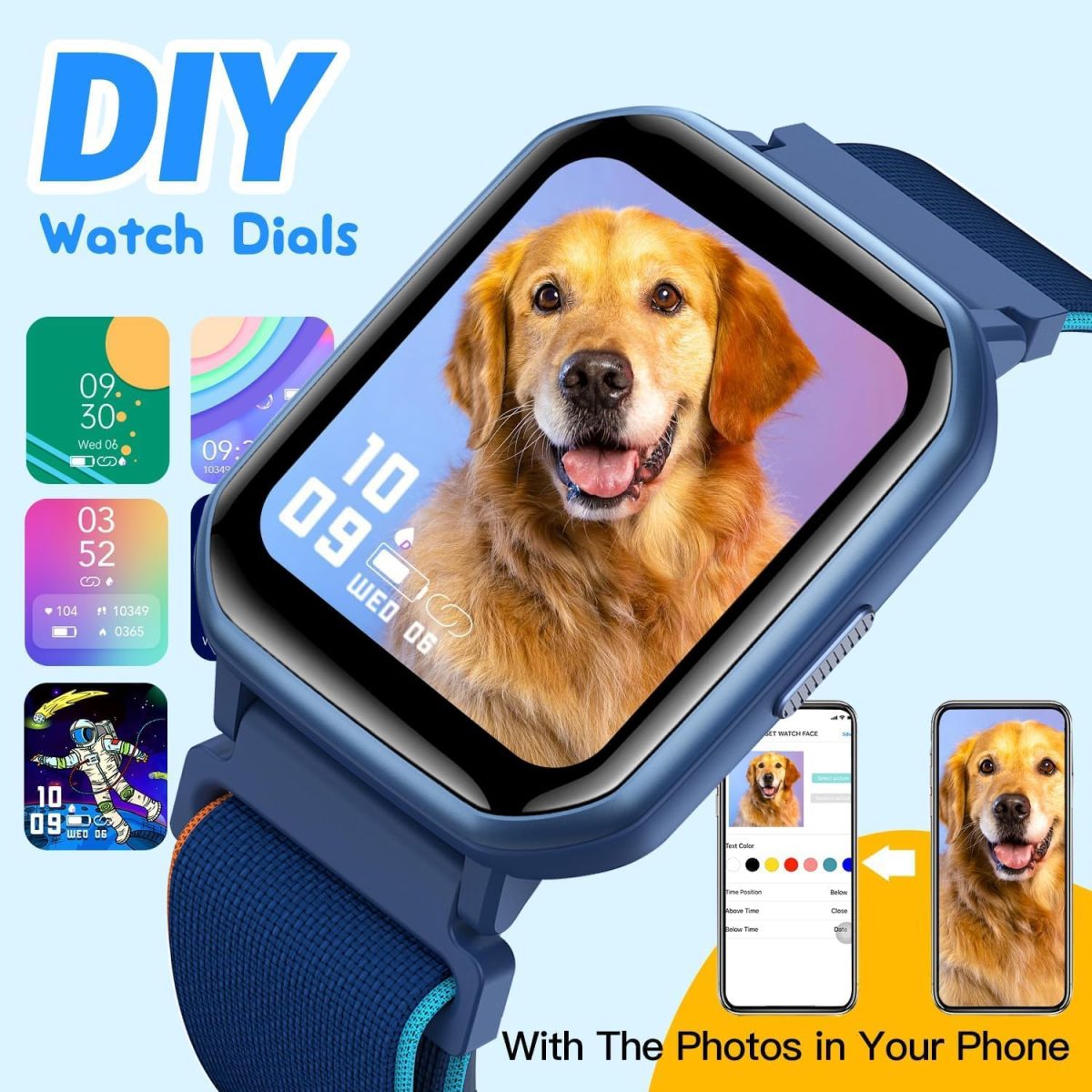⁦DMG Kids Smart Watch for Kids,IP68 Waterproof Kids Fitness Tracker Watch with 1.5 Inch DIY Face,Heart Rate Sleep Monitor,19 Sport Modes,Calories Counter,Alarm Clock,Great Gifts for Children 6+ (Blue)⁩ - الصورة ⁦2⁩