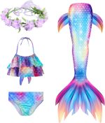 ⁦TAPIT 6Pcs Mermaid for Swimming Girls Swimsuit with Monofin Costume Cosplay Princess Bikini Set 3-12Y (140, Colorful)⁩ - الصورة ⁦2⁩