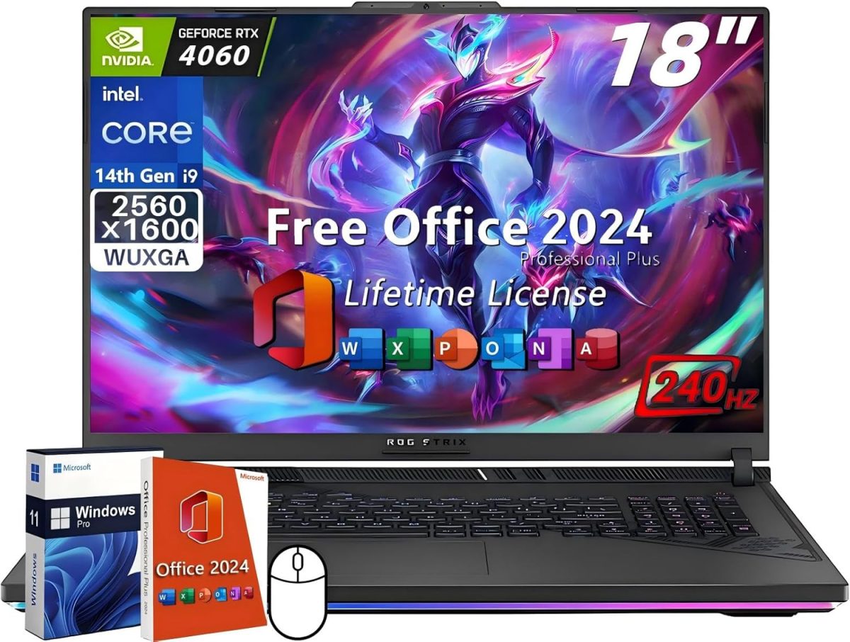 ASUS ROG Strix G18 Gaming Laptop, Intel 24-Core i9-14900HX, Office 2024 Lifetime License, 64 GB DDR5, 2 TB SSD, 18" 2.5K 240Hz QHD, Backlit KB, GeForce RTX 4060, WiFi 6E, Win 11 Pro, Patented Mouse