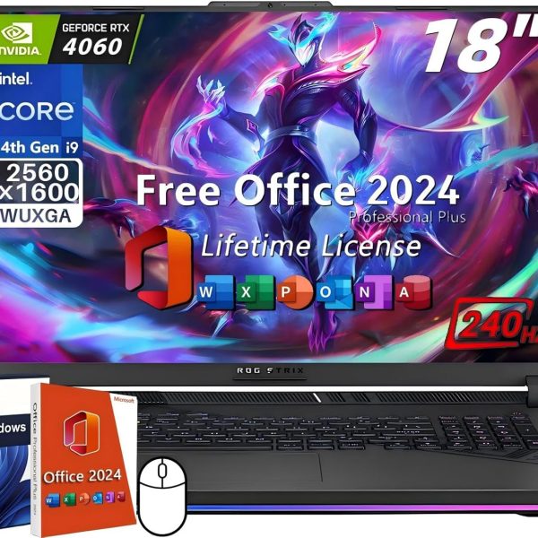 ASUS ROG Strix G18 Gaming Laptop, Intel 24-Core i9-14900HX, Office 2024 Lifetime License, 64 GB DDR5, 2 TB SSD, 18" 2.5K 240Hz QHD, Backlit KB, GeForce RTX 4060, WiFi 6E, Win 11 Pro, Patented Mouse