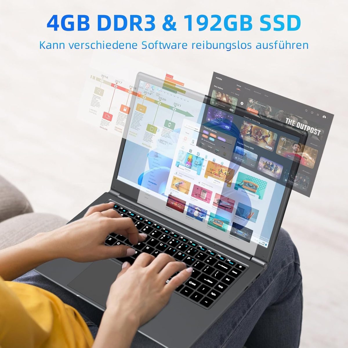 ⁦Morostron Laptop with 4GB DDR4 and 192GB SSD, 15.6 Inch Laptop with System and Quad-Core Processor, Webcam, USB 3.0, WiFi, Bluetooth 4.2, Mini HDMI, Grey⁩ - الصورة ⁦7⁩