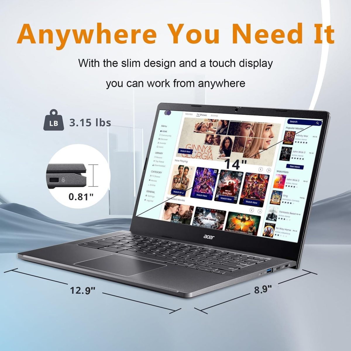 ⁦Acer Chromebook Plus 514 Touchscreen Laptop (14" FHD, Intel 8-Core i3-N305, 8GB RAM, 512GB SSD, 2TB Cloud Storage) Business, Company, Students, 11⁩ - الصورة ⁦5⁩