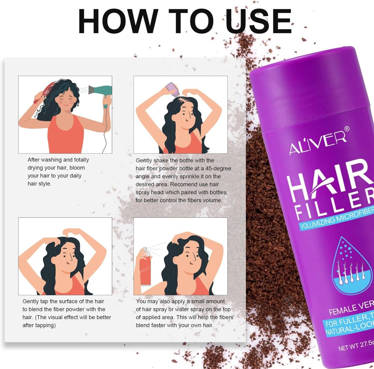⁦ALIVER Hair Building Fibers for Women(black 27.5Hair Gap Filler with Fibre Hair Powder Spray, Scalp Cover,Hair Powder for Women, Hair Fibres for Thinning Hair,Thicker Fuller for Hair Loss⁩ - الصورة ⁦5⁩