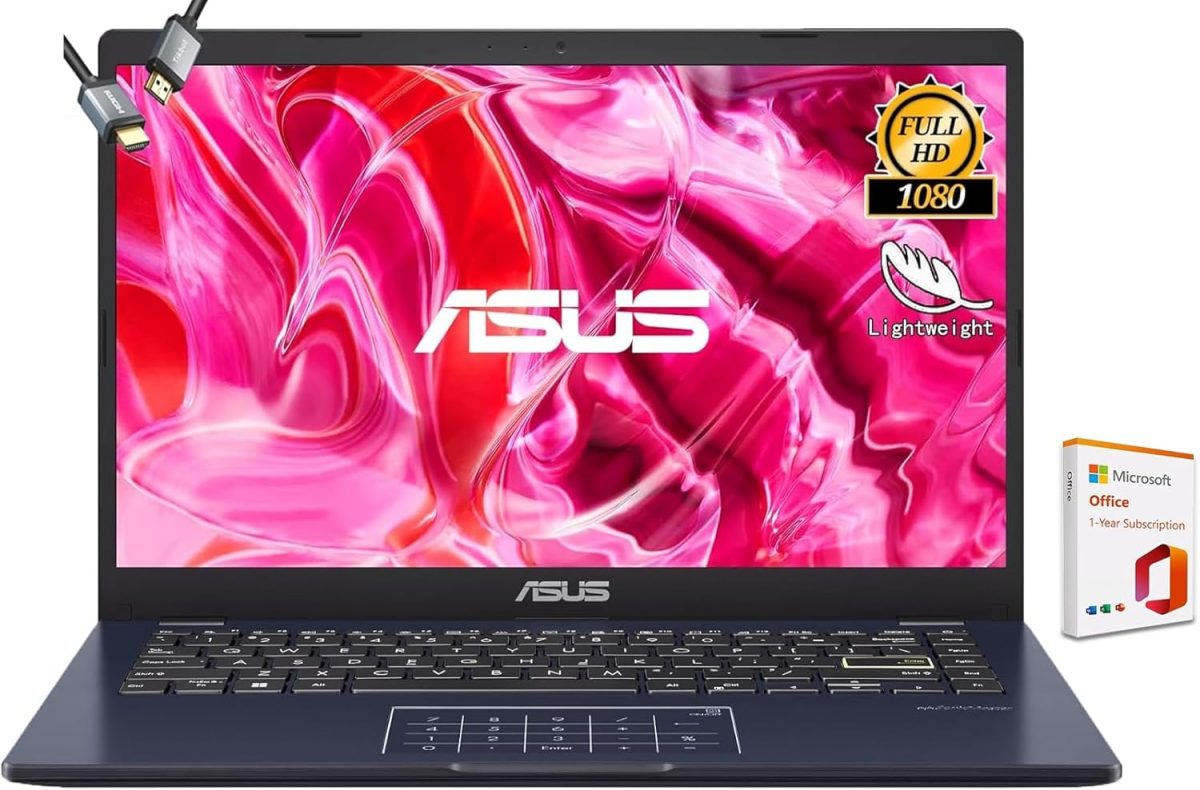 اسس لابتوب فيفو بوك جو 14 انش FHD، انتل سيليرون N4500، مايكروسوفت 365 لمدة عام واحد، واي فاي 5، USB نوع C، عمر بطارية 10 ساعات، ويندوز 11 هوم في وضع S، مع HDMI (4GB RAM | تخزين 128GB)