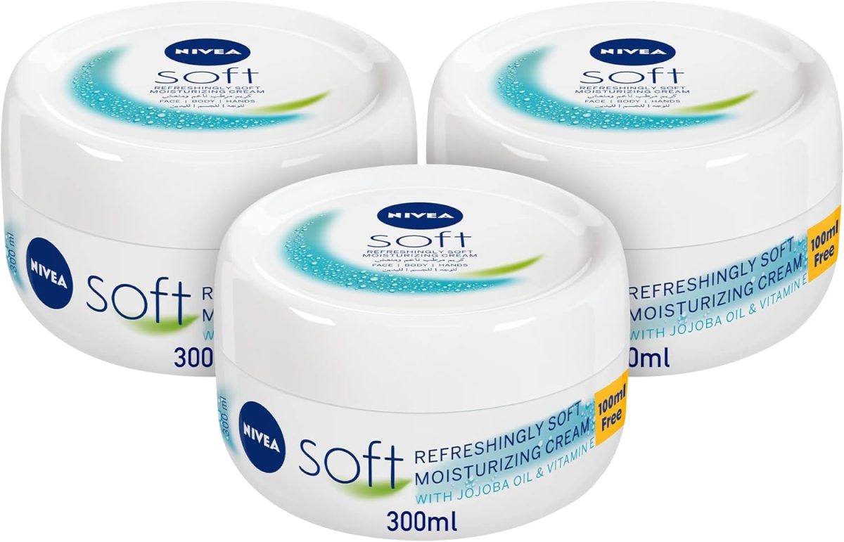 NIVEA Soft Moisturising Cream for Face, Body and Hands with Vitamin E and Jojoba Oil, Moisturises Deeply, All-Purpose, Jar 3x300ml