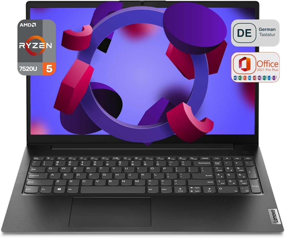 Lenovo V15 G4 Laptop, AMD Ryzen 5 7520U, 16GB DDR4 RAM, 2TB PCIe SSD, 15.6" FHD, AMD Radeon 610M, QWERTZ Keyboard, Windows 11 Pro, Office 2021, Black