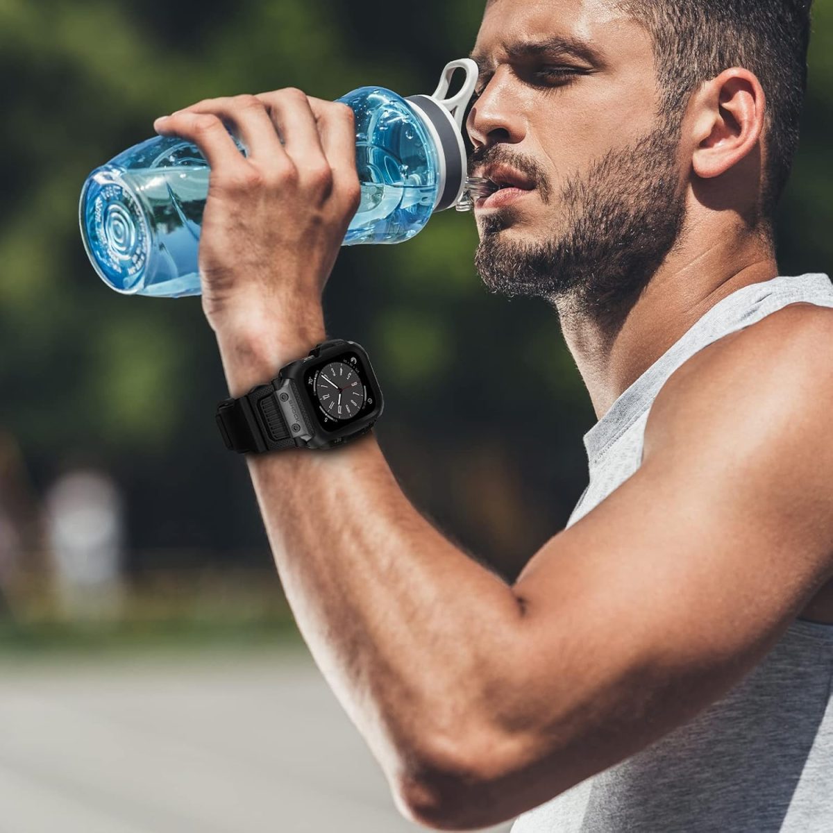 ⁦XMUXI Compatible with Apple Watch Band 45mm 44mm with Case, Rugged Sport Military TPU Strap with Bumper Cover for iWatch Series SE2 SE 9 8 7 6 5 4 for Man⁩ - الصورة ⁦6⁩