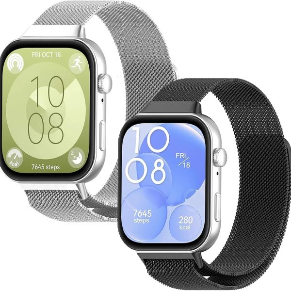 2 PCS Replacement Bands Compatible with Huawei Watch FIT4 Pro/ FIT3, Magnetic Loop Strap, Stainless Steel Wristbands Classic Business Style Metal Mesh Wristband (Black+Grey)