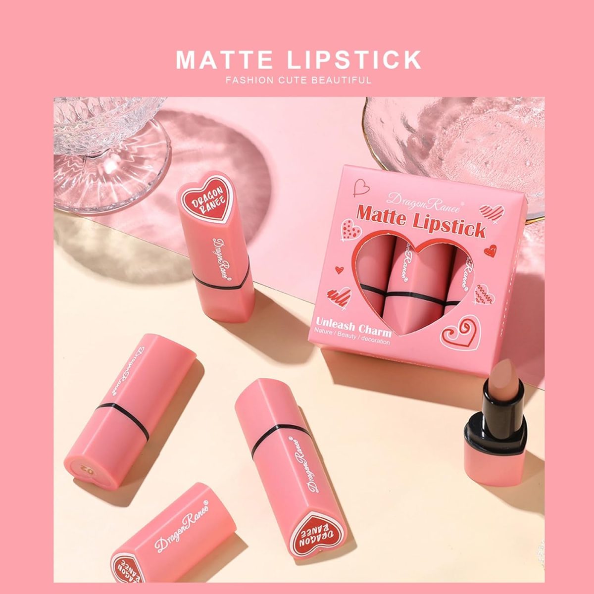 ⁦CHSEEO 6 Pcs love Heart Velvet Matte Lipstick Set, Mini Capsule Waterproof Long-Lasting Non-stick Cup Mini Lipstick Kit, Make Up Cosmetics Lip Gloss Gift Kit for Girls Women, Travel Size #1⁩ - الصورة ⁦5⁩