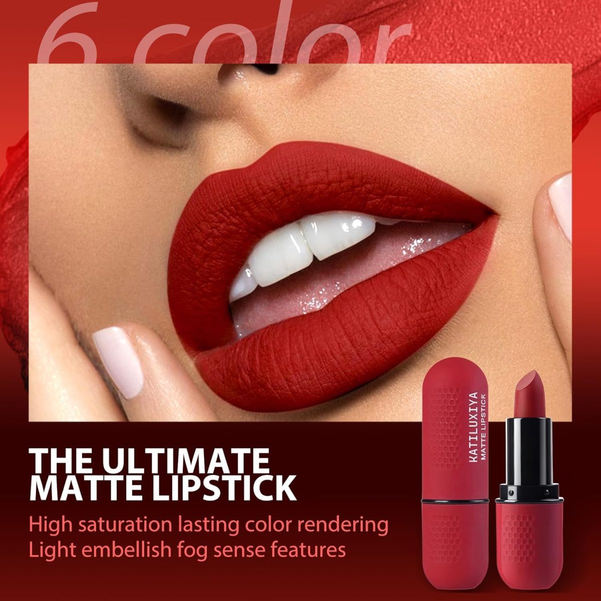 ⁦Katiluxiya 6Pcs Red Velvet Matte Lipstick Set, High Pigmented Long-Lasting Waterproof Lip Stick Lip,Moisturizing balms, Sheer tint, Shine & Glowy Finish,Stain Makeup Gift Sets. (02, color)⁩ - الصورة ⁦3⁩