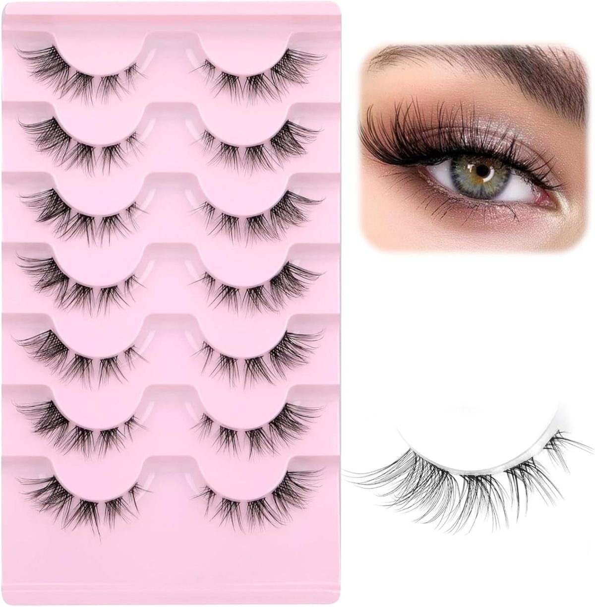 Hushlibaby 7 Pairs False Lashes Clear Band Faux Mink Lashes Fluffy Wispy Strip Eyelashes Cat Eye 15mm Natural D Curl Fake Eyelashes Pack