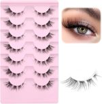 Hushlibaby 7 Pairs False Lashes Clear Band Faux Mink Lashes Fluffy Wispy Strip Eyelashes Cat Eye 15mm Natural D Curl Fake Eyelashes Pack