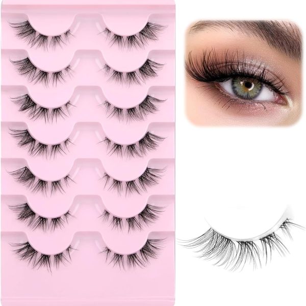 Hushlibaby 7 Pairs False Lashes Clear Band Faux Mink Lashes Fluffy Wispy Strip Eyelashes Cat Eye 15mm Natural D Curl Fake Eyelashes Pack