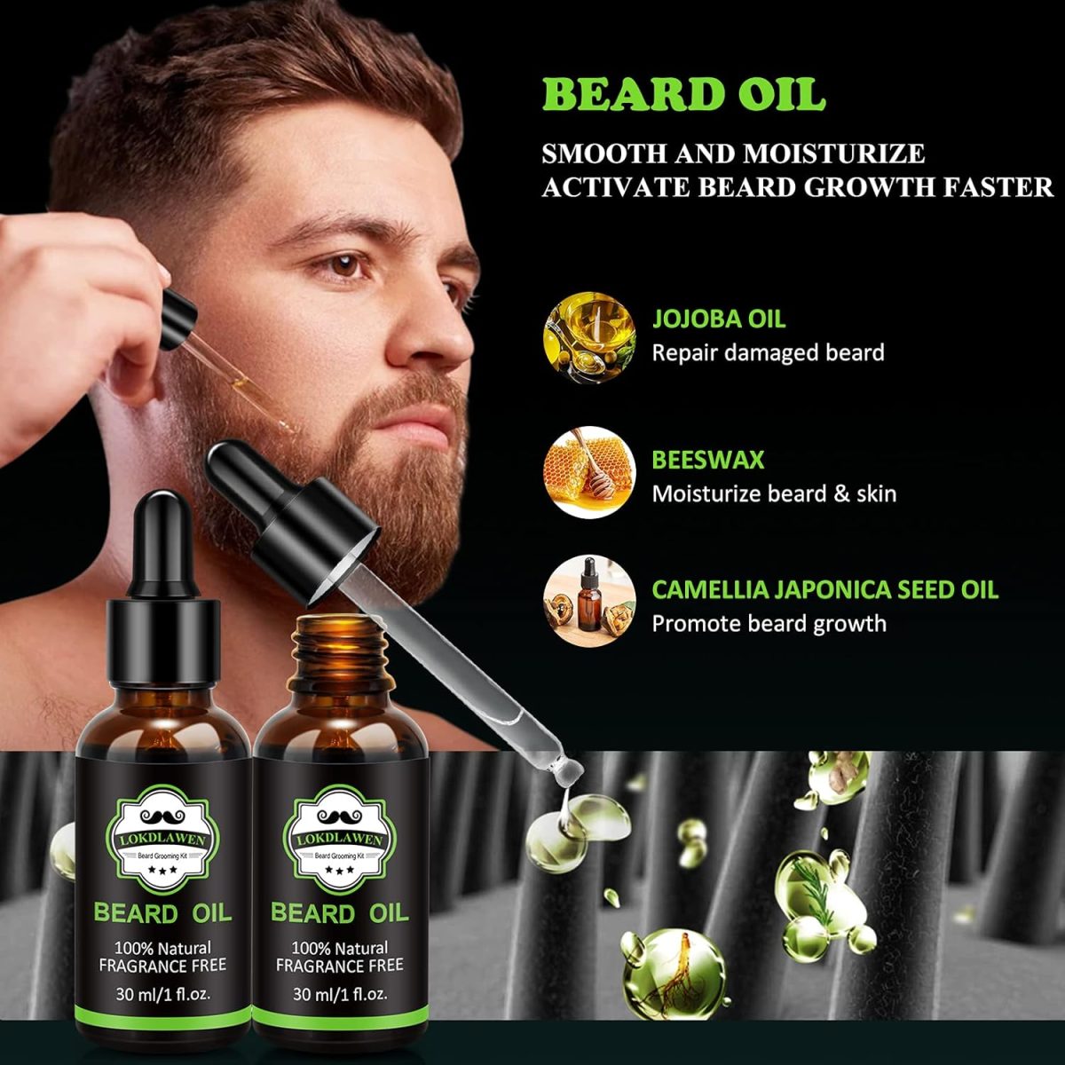 ⁦LOKDLAWEN Beard Kit for Men: Beard Wash, Conditioner, Oil, Balm, Brush, Comb, Scissors, Storage Bag, Gifts for Men, Dad, Husband, Boyfriend⁩ - الصورة ⁦4⁩