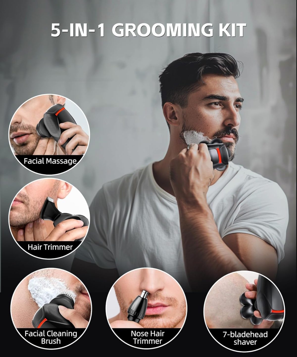 ⁦NEICIT Head Shavers for Bald Men - Magnetic 7D Electric Razor IPX8 Waterproof for Bald Men, Wet/Dry LED Display Rechargeable Rotary Shaver 5-in-1 Grooming Kit with USB-C Charge⁩ - الصورة ⁦6⁩
