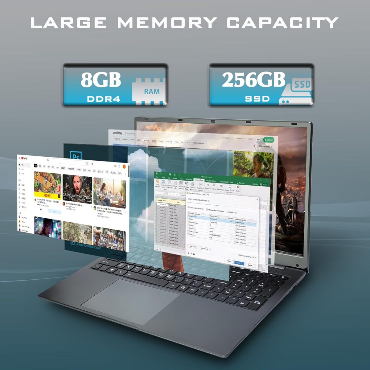 ⁦IJKKJI 17 Inch Laptop with Backlit Keyboard, Full-Size Large Font Keyboard, Intel Celeron N5095, 8GB RAM 256GB SSD, Computers with Windows 11, Type-C, Webcam, Dual Wi-Fi, Buletooth 4.2⁩ - الصورة ⁦3⁩