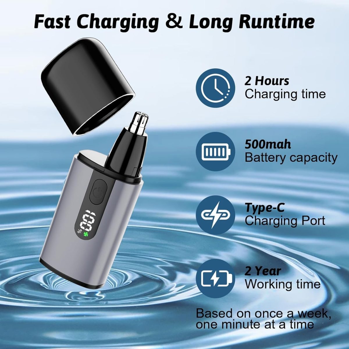 ⁦KASTWAVE Nose Hair Trimmer, Portable Nose Hair Trimmer for Men Women Rechargeable with LED Display, Dual Edge Blade, Nose Hair Removal 8,000 RPM Motor & Dual-Edge Blades⁩ - الصورة ⁦4⁩