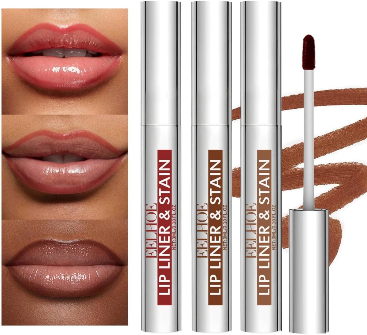 Gireatick Peel Off Lip Liner Stain, Pack of 3 Lip Liners, Peel Off Tattoo Lip Liner with Matte Finish, Waterproof, Transfer-Resistant, Highly Pigmented Colour (Light Brown/Dark Brown/Burgundy) (B, 3