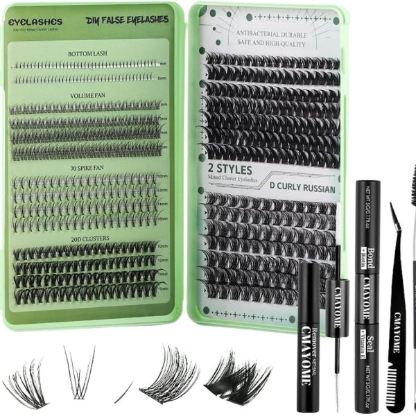 False Lash DIY Extensions Kit, 551 PCS Reusable Lash Clusters with Bond & Seal, Tweezers, Fluffy Volume Natural Eyelashes for Daily Use (Green)