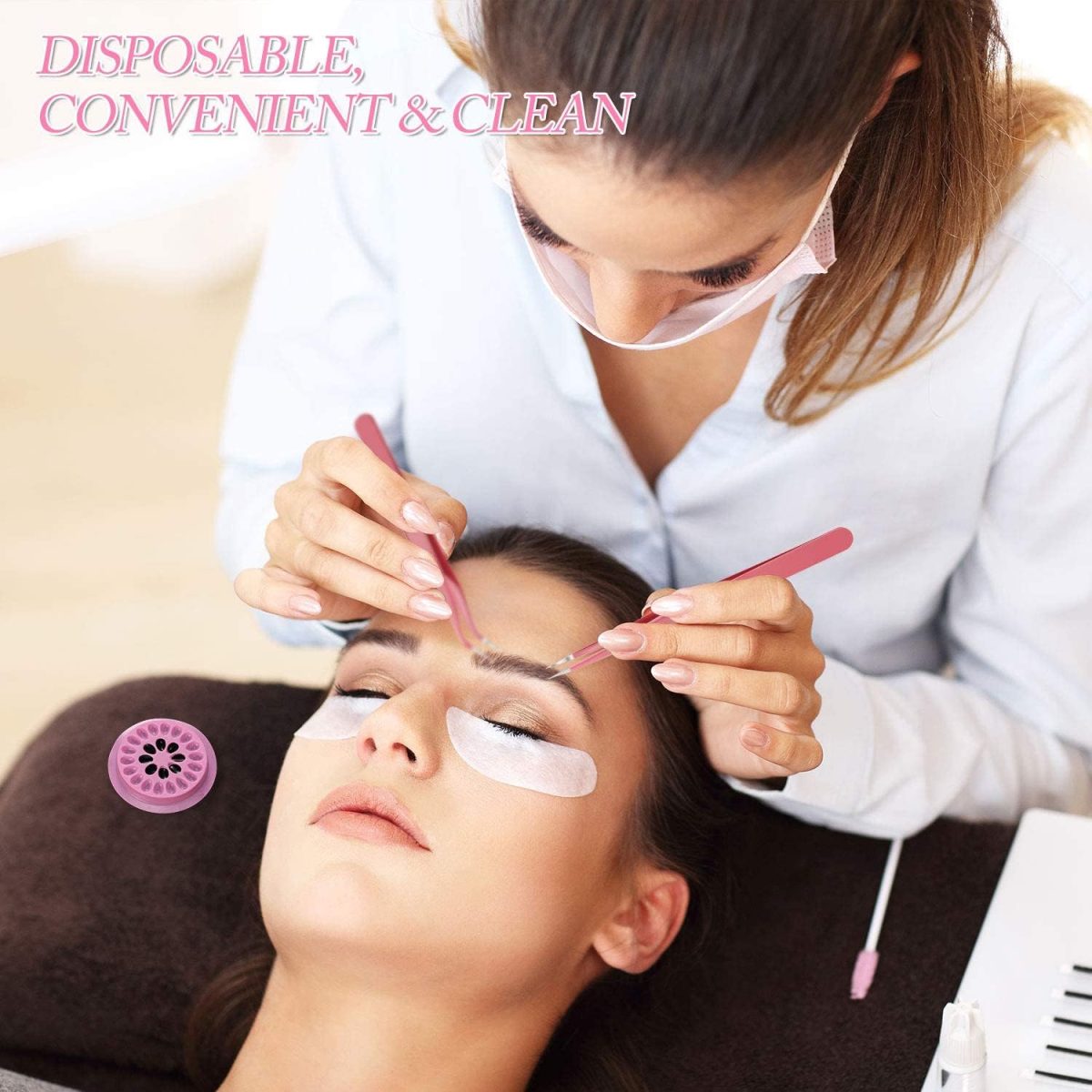 ⁦GNAFOTU 100 Pieces Eyelash Extension Pink Glue Pallet Pads with Curved Tip Tweezers for Eyelash Extension False Lash Application Tools.⁩ - الصورة ⁦2⁩