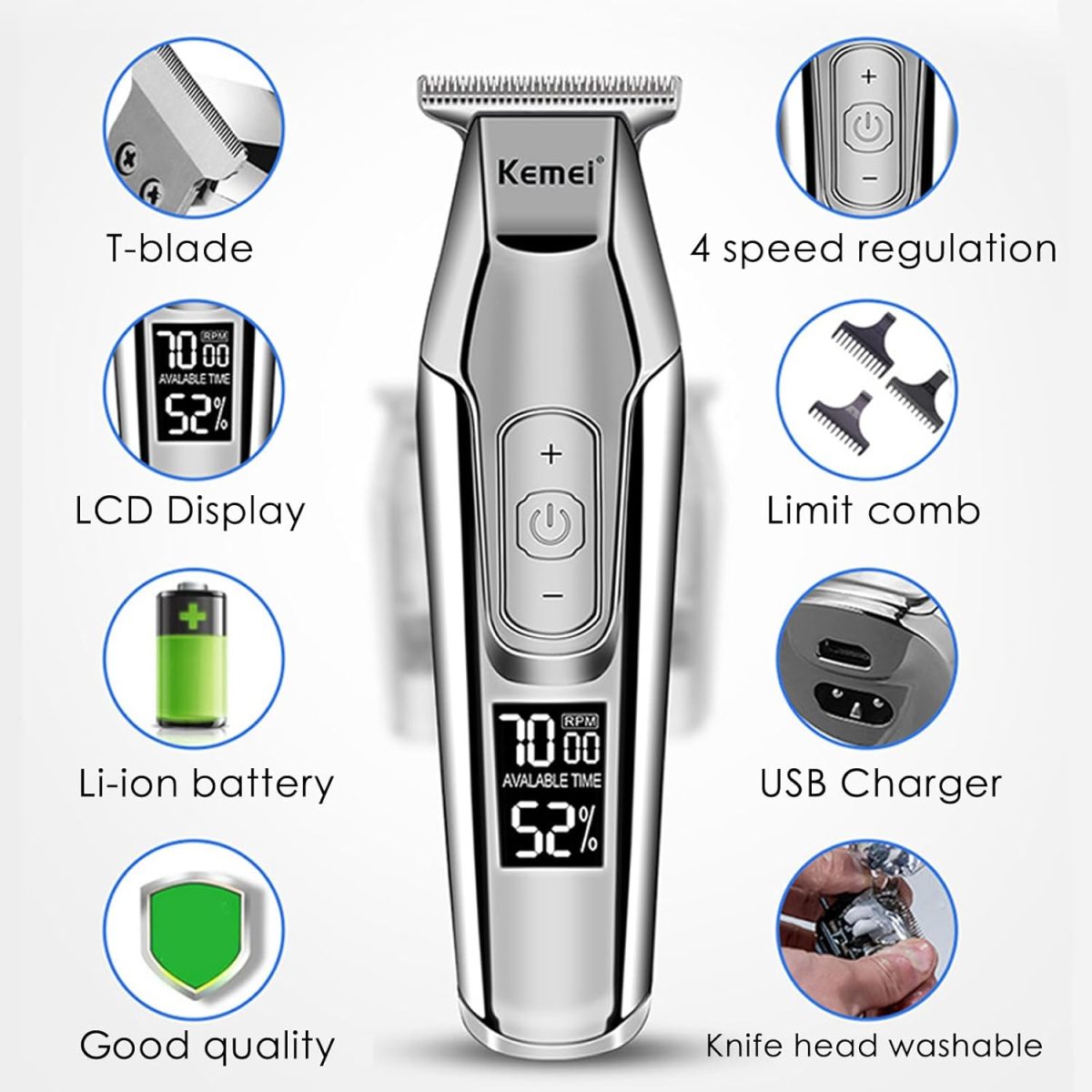 ⁦KEMEI Trimmer Cordless Hair Clipper for Men Professional Electric Beard Trimmers Barber Hair Cuttings Kit, Zero Gapped T Blade Detailers Trimmers for Men, KM-5027⁩ - الصورة ⁦5⁩