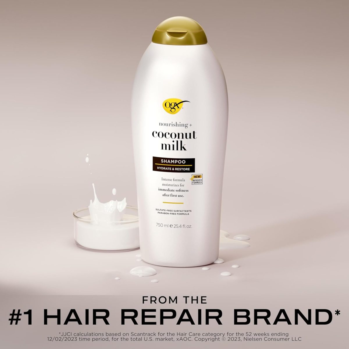 ⁦OGX Nourishing + Coconut Milk Moisturizing Shampoo for Strong & Healthy Hair, with Coconut Milk, Coconut Oil & Egg White Protein, Paraben-Free, Sulfate-Free Surfactants, 25.4 fl oz⁩ - الصورة ⁦2⁩