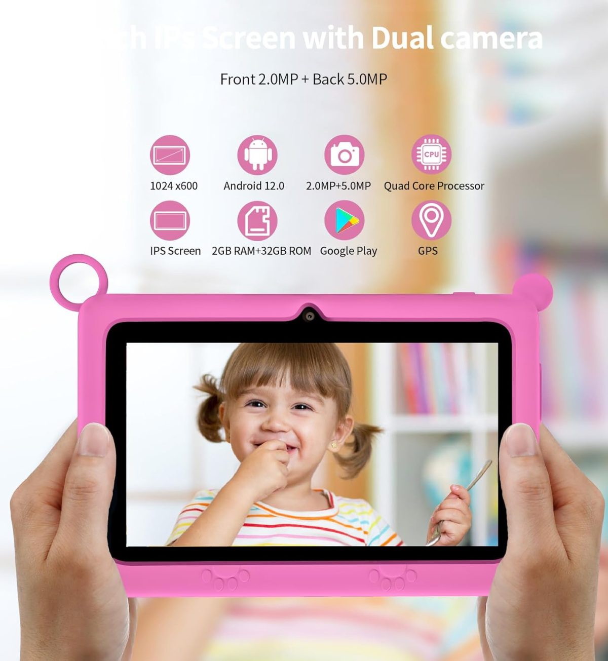 ⁦7 inch Kids Tablet, Quad Core Android 12 2GB 32GB, Parental Control, Eye Protection, Shockproof Case, Dual Camera, WiFi, Bluetooth, Learning Tablet for Kids - K2 (Pink)⁩ - الصورة ⁦3⁩