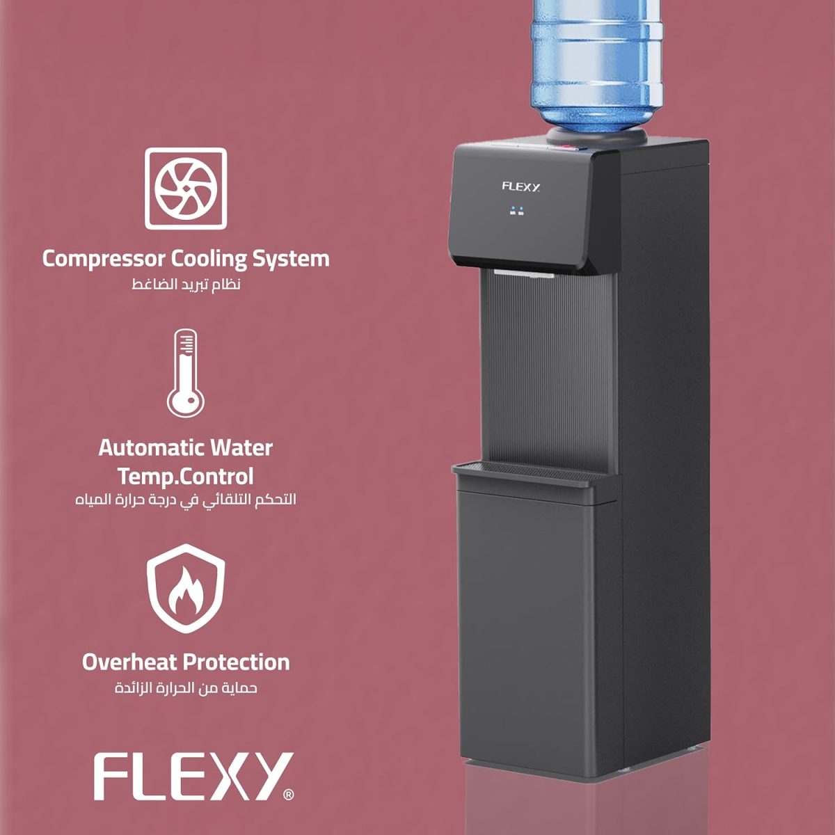 ⁦FLEXY® Top Loading Water Dispenser – 3 Push Taps (Hot, Cold & Normal), German Tech, SS Tank, Storage Cabinet, Compressor Cooling, Auto Temp Control, Overheat Protection, 2-Yr Warranty (Black)⁩ - الصورة ⁦4⁩