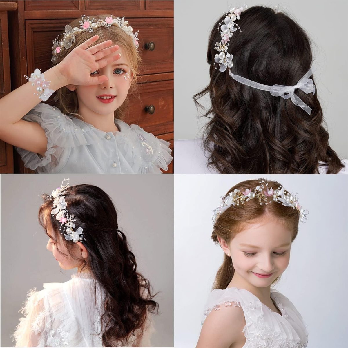 ⁦LAPOHI 2 Pieces Wedding Flower Headpieces for Girls, Flower Girl Hair Accessories for Wedding Rhinestones Flower Headband Fairy Pearl Flower Crown for Girls Bridal Crystal Flower Tiara for Women⁩ - الصورة ⁦5⁩