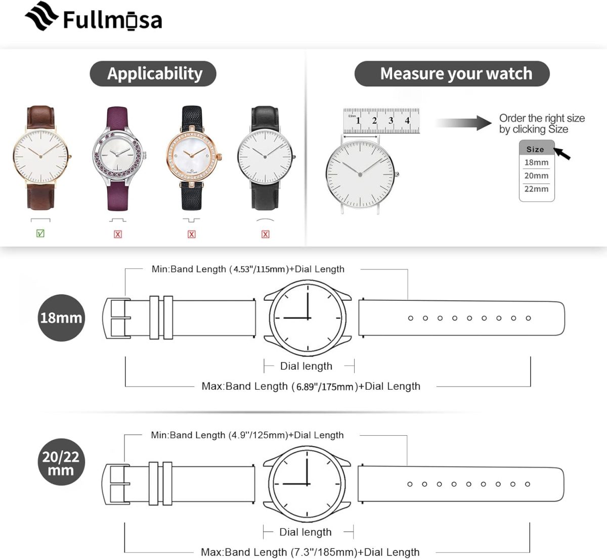 ⁦Fullmosa 20mm/22mm Watch Strap, Leather and Meex Smart Watch Strap Compatible with Amazfit/Huawei/Casio/Fossil, for Men and Women⁩ - الصورة ⁦5⁩