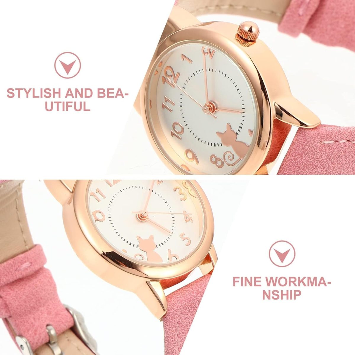 ⁦Joyzzz Girls Watch, Quartz Girls Watches for Kids, Cute Waterproof Watches with Cartoon Cat Pattern, Girls Watches for Gift, Simple Movement Casual Leather Band Watches for Ladies Fashion Watches⁩ - الصورة ⁦2⁩