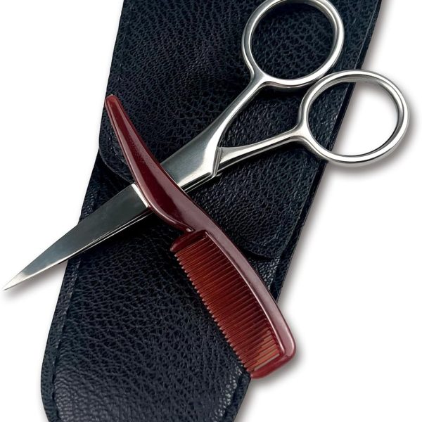 Beard Scissors for Men, Stainless Steel Moustache & Eyebrow Scissors with Comb, Multi-Function Grooming Kit with Storage Bag for Beard, Eyebrows & Moustache