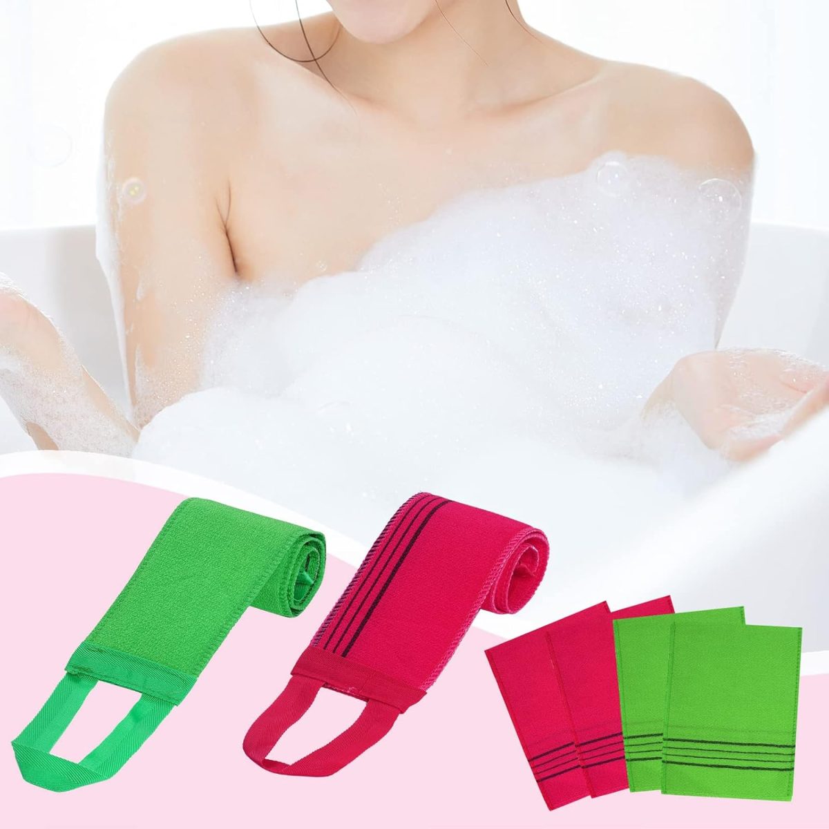 ⁦Obmwang 6 Pieces Korean Exfoliating Mitts and Washcloth Set - Asian Bath Towels and Long Back Scrubber for Women and Men Shower Washing⁩ - الصورة ⁦6⁩