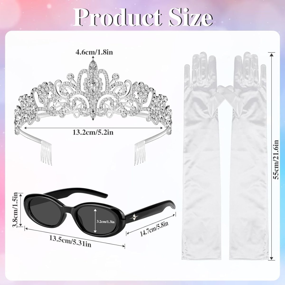 ⁦BTHRORO Princess Costume Accessory Set Women Girls Tiara Crown Crystal with Comb Sunglasses White Long Gloves Princess Diaries Costume for Carnival Wedding Prom Birthday Party⁩ - الصورة ⁦3⁩