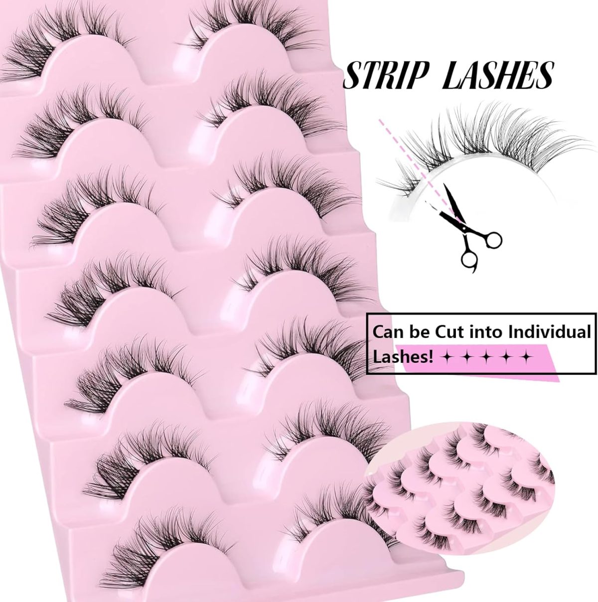 ⁦Hushlibaby 7 Pairs False Lashes Clear Band Faux Mink Lashes Fluffy Wispy Strip Eyelashes Cat Eye 15mm Natural D Curl Fake Eyelashes Pack⁩ - الصورة ⁦2⁩