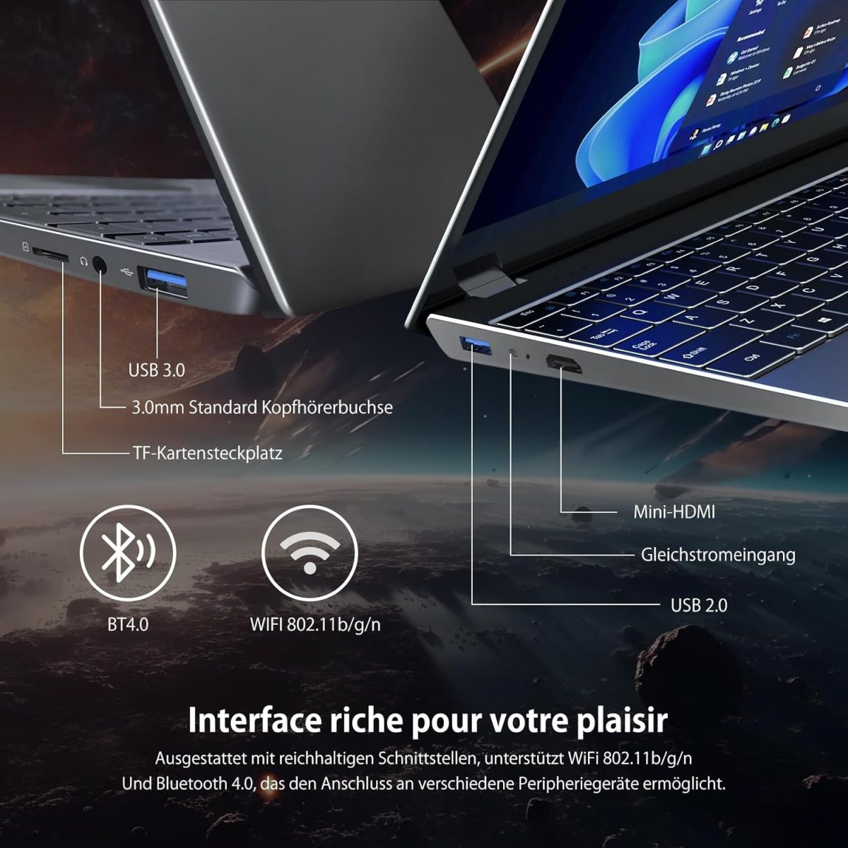 ⁦Morostron Laptop with 4GB DDR4 and 192GB SSD, 15.6 Inch Laptop with System and Quad-Core Processor, Webcam, USB 3.0, WiFi, Bluetooth 4.2, Mini HDMI, Grey⁩ - الصورة ⁦8⁩