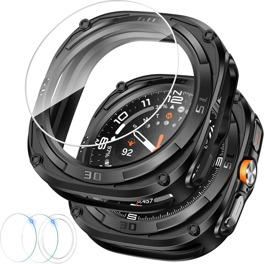 Ctoby Rugged Bezel Case for Samsung Galaxy Watch Ultra Screen Protector 47mm - Soft TPU Bumper Face Cover + 2 Tempered Glass Film for Galaxy Watch 7 Ultra 47mm Accessories
