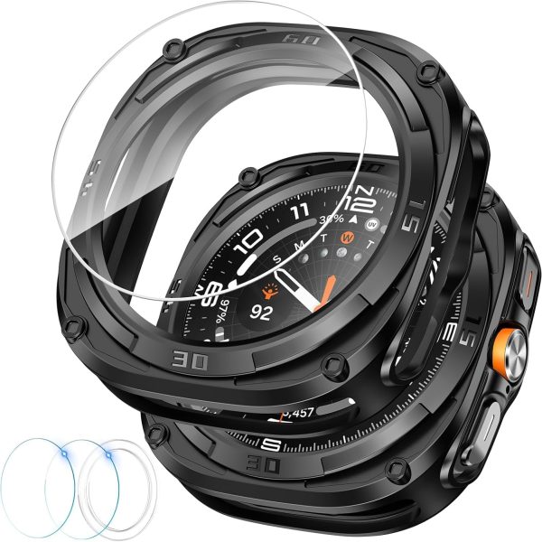 Ctoby Rugged Bezel Case for Samsung Galaxy Watch Ultra Screen Protector 47mm - Soft TPU Bumper Face Cover + 2 Tempered Glass Film for Galaxy Watch 7 Ultra 47mm Accessories