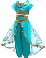 ⁦Emin Girls Jasmine Princess Dresses Aladdin Princess Costume with Wig for Children Birthday Party Cosplay Halloween Christmas Carnival Dress Up⁩ - الصورة ⁦2⁩