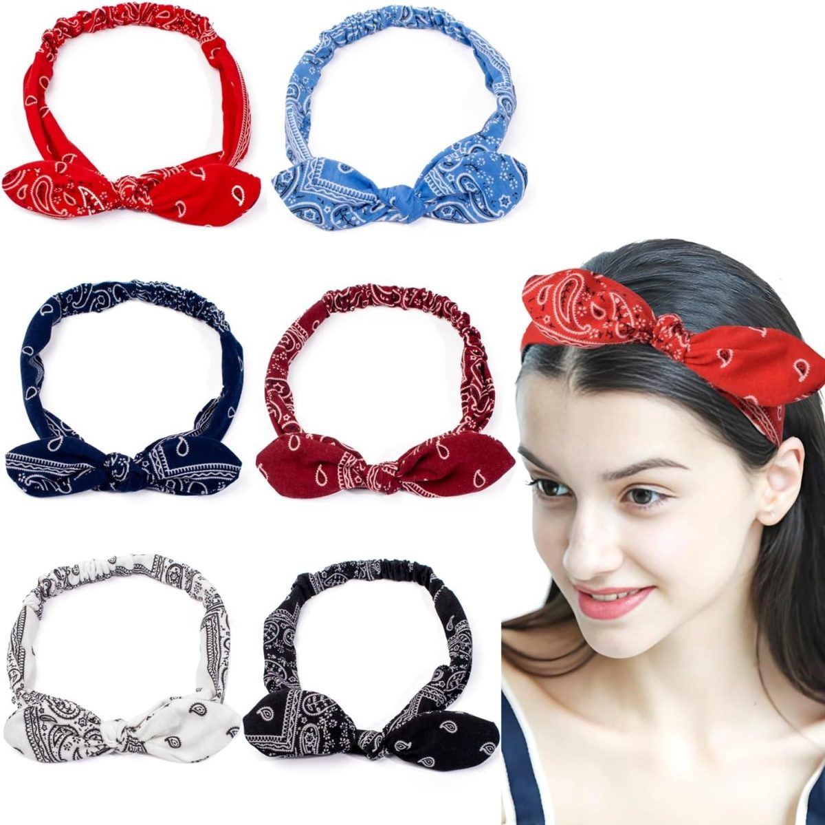 ⁦YelaJoy Rabbit Ear Headbands for Women Vintage Paisley Bandana Flower Printed Hairband Elastic Rabbit ear Head Wrap Cute Hair Accessories,pack of 6⁩ - الصورة ⁦7⁩