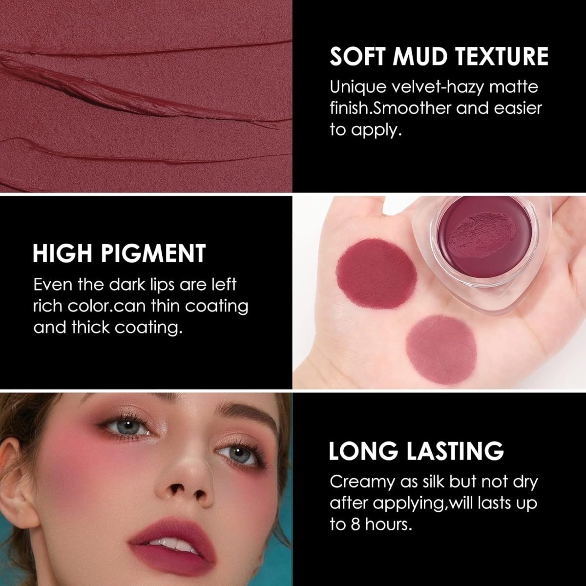 ⁦FOCALLURE Velvet-hazy Matte Cheek Lip Mud Dual-use For Lips And Cheek Lip Clay High Pigment Lipstick Blush Lasting Lip Tint⁩ - الصورة ⁦3⁩