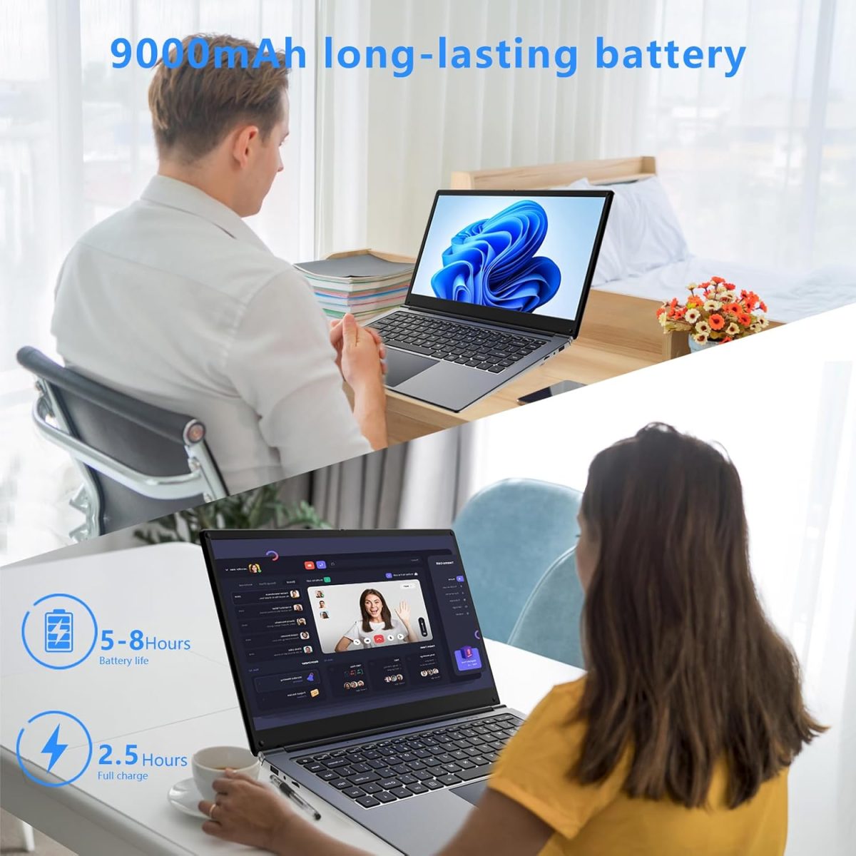 ⁦Laptop 16-inch 8GB DDR 256GB SSD Portable Laptop,Expandable to 1TB Pentium Quad-core CPU up to 2.64 GHz 9000mAh Battery Mini HDMI Interface USB3.0 Interface Dual-Band WiFi Webcam Slim laptops⁩ - الصورة ⁦8⁩