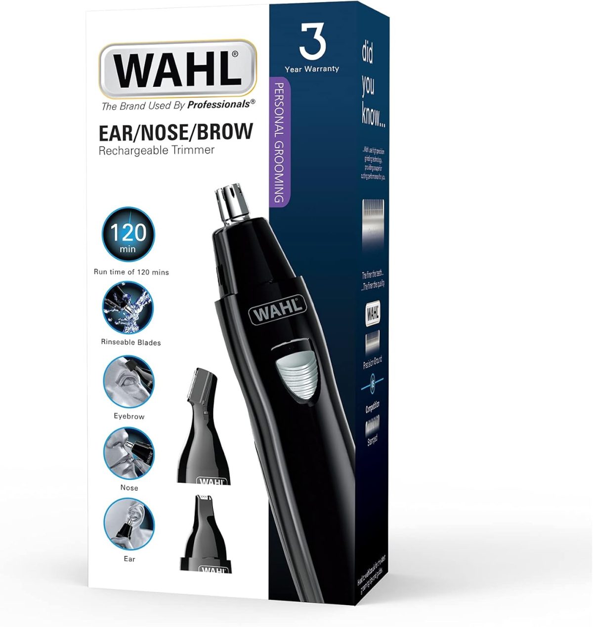 ⁦WAHL 3 in 1 Personal Trimmer, Nose Hair Eyebrow, Painless Eyebrow and Facial Hair Trimmer for Men Women, Rechargeable, Washable Heads, Black⁩ - الصورة ⁦7⁩