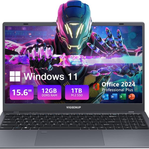VIGSENUP Laptop, 12GB LPDDR5 RAM 1TB SSD, 15.6 Inch Laptop Computer, Win11 Pro, N95 Quad Core Processor, Up to 3.4GHz, Preinstall Office Pro Plus 2024, WiFi 5, BT 5.0, USB-C, Fingerprint,Gray