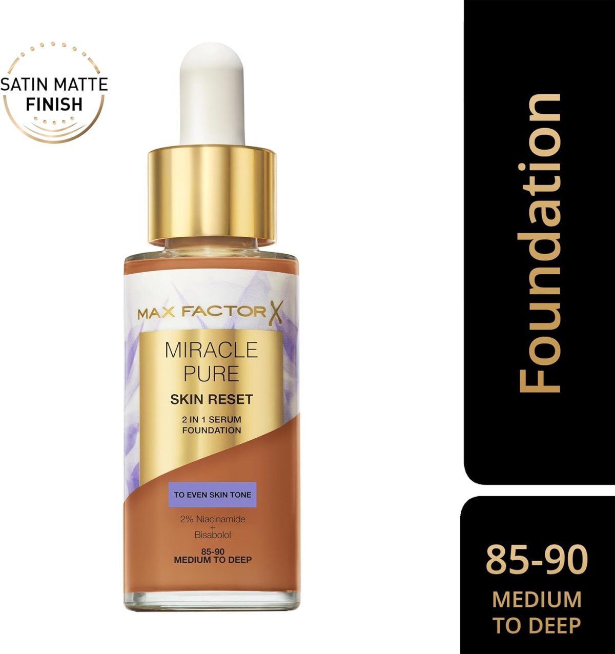 ⁦Max Factor Miracle Pure 2in1 Skin Reset Serum Foundation, 85-90, Medium to Deep, Vegan Formula, Evens Skin Tone, Medium Coverage, Satin Matte Finish, Niacinamide & Bisabolol, 30ml (1oz)⁩ - الصورة ⁦2⁩