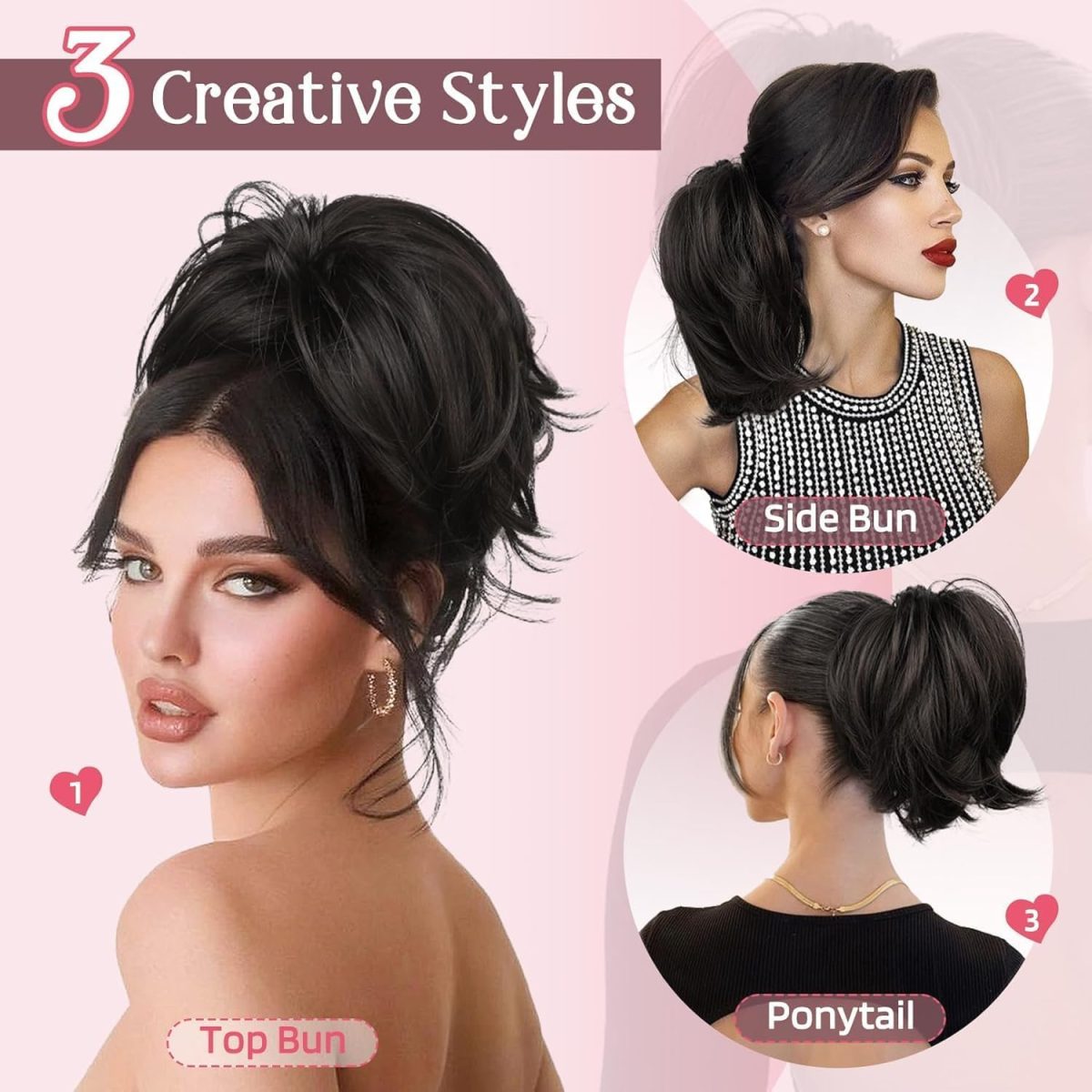 ⁦ALMEKAQUZ Messy Bun Hair Piece, 12 Inch Claw Clip Hairpiece in Straight Hair Bun, Short Ponytail Bun Extension, DIY Styles Fake Hair Bun for Women - Black⁩ - الصورة ⁦2⁩
