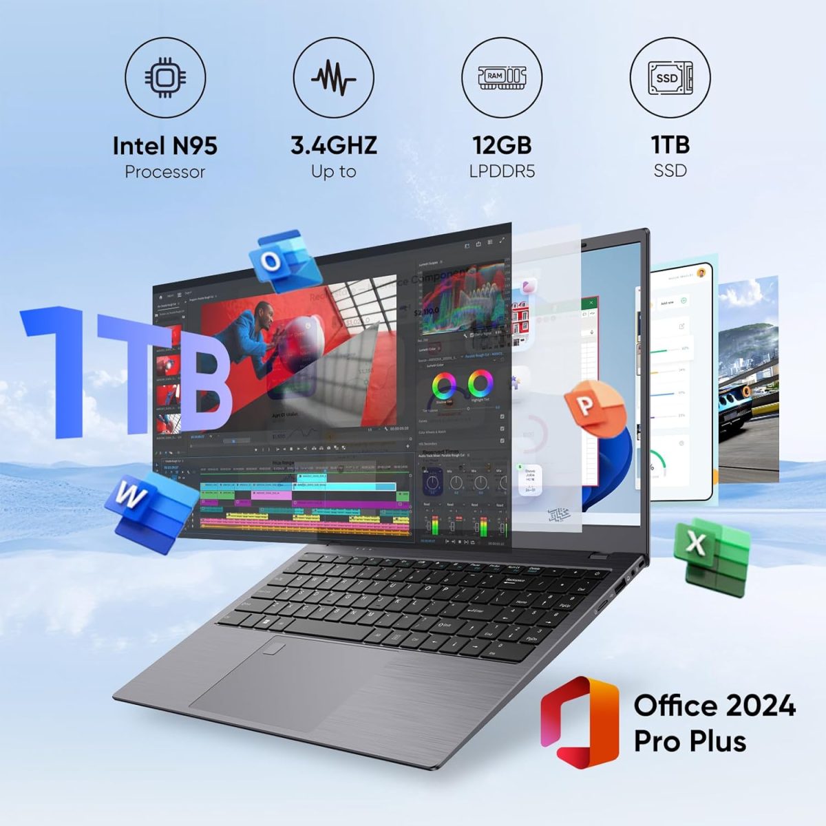 ⁦FURESTUR Laptop, 12GB LPDDR5 RAM 1TB SSD, Quad-Core N95 Processor Up to 3.4GHz, 15.6" FHD IPS Display, Office Pro Plus 2024, WiFi 5, Laptop Computer with Fingerprint for Students and Business, Gray⁩ - الصورة ⁦2⁩