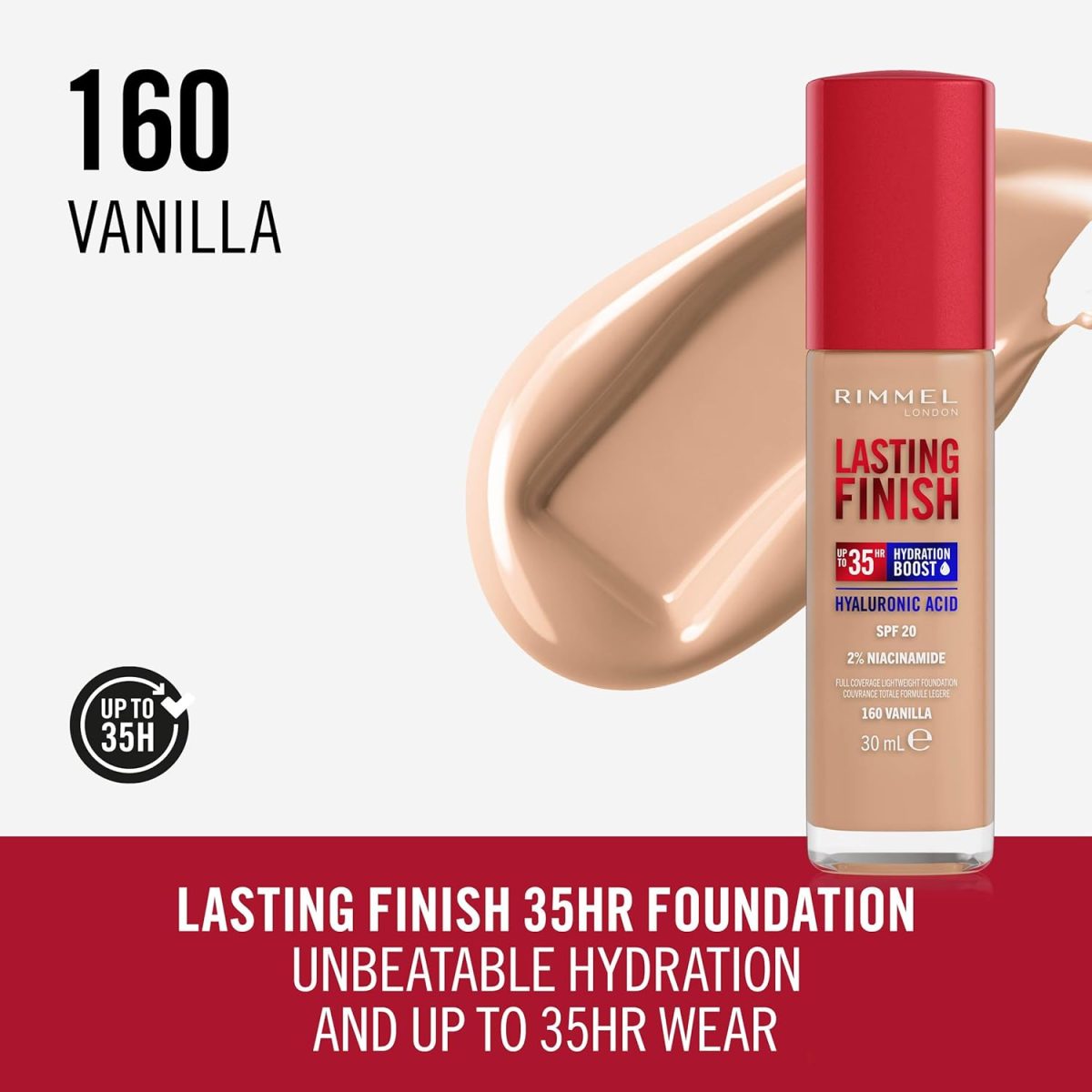 ⁦Rimmel London Lasting Finish 35 Hour, 160 Vanilla, Foundation, Long-Wearing, Hydrating, Vegan Formula, Full-Coverage, 30ml (1oz)⁩ - الصورة ⁦2⁩