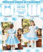 ⁦BIQIQI Princess Costumes for Girls, Blue Princess Dress Fancy Dress with White Apron and Headband, Girls Dressing Up Costumes, Halloween Birthday Party Cosplay Outfit for Kid,Size 130cm-150cm⁩ - الصورة ⁦2⁩