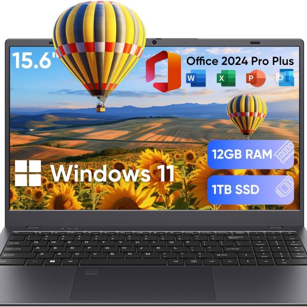FURESTUR Laptop, 12GB LPDDR5 RAM 1TB SSD, Quad-Core N95 Processor Up to 3.4GHz, 15.6" FHD IPS Display, Office Pro Plus 2024, WiFi 5, Laptop Computer with Fingerprint for Students and Business, Gray
